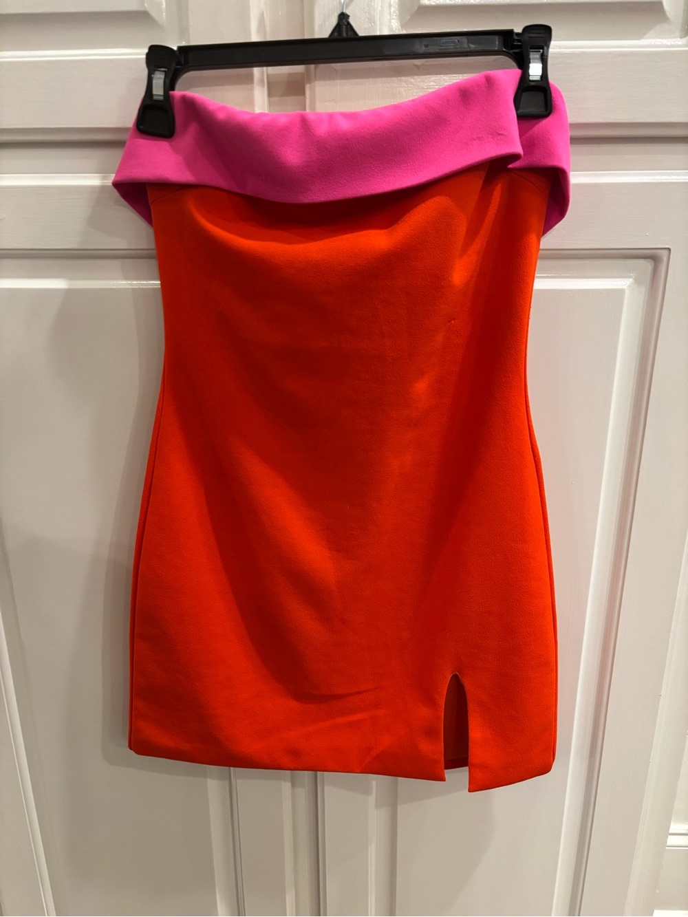 Strapless Orange Mini Dress with Pink Foldover Neckline by boutique brand Klesis